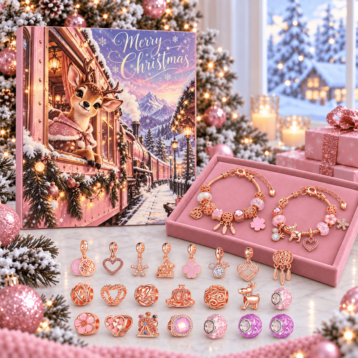 Pink Snowscape Train-Themed Gift Box, 24-Day Countdown